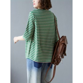 女性用カジュアルVネックストライプTシャツ ポケット付き - ルーズフィット、半袖、ポリエステル混紡、洗濯機可 - グリーン＆ホワイト