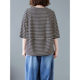 女性用カジュアルVネックストライプTシャツ ポケット付き - ルーズフィット、半袖、ポリエステル混紡、洗濯機可 - グリーン＆ホワイト