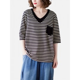 女性用カジュアルVネックストライプTシャツ ポケット付き - ルーズフィット、半袖、ポリエステル混紡、洗濯機可 - グリーン＆ホワイト