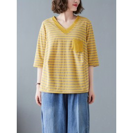 女性用カジュアルVネックストライプTシャツ ポケット付き - ルーズフィット、半袖、ポリエステル混紡、洗濯機可 - グリーン＆ホワイト