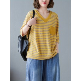 女性用カジュアルVネックストライプTシャツ ポケット付き - ルーズフィット、半袖、ポリエステル混紡、洗濯機可 - グリーン＆ホワイト
