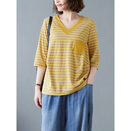 女性用カジュアルVネックストライプTシャツ ポケット付き - ルーズフィット、半袖、ポリエステル混紡、洗濯機可 - グリーン＆ホワイト