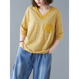 女性用カジュアルVネックストライプTシャツ ポケット付き - ルーズフィット、半袖、ポリエステル混紡、洗濯機可 - グリーン＆ホワイト