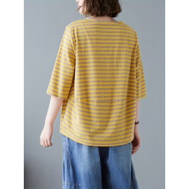 女性用カジュアルVネックストライプTシャツ ポケット付き - ルーズフィット、半袖、ポリエステル混紡、洗濯機可 - グリーン＆ホワイト