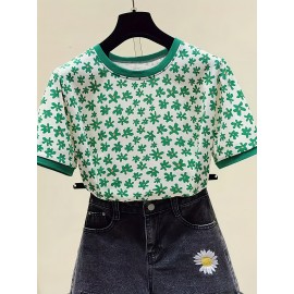 女性用フレンチフローラル半袖Tシャツ 新夏デザインセンス ニッチ外国風 年齢減少ハーフスリーブシックトップ