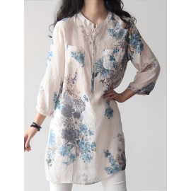 女性用軽量ボホフローラルリネンブレンドシャツ - 鮮やかなピンク＆グレーの花柄プリント、7分袖、スタンドカラー、中丈に前ポケットディテール付き、春夏のカジュアルウェアに最適、春のファッショントップ｜ボホシックシャツ｜リネンブレンド生地