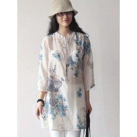 女性用軽量ボホフローラルリネンブレンドシャツ - 鮮やかなピンク＆グレーの花柄プリント、7分袖、スタンドカラー、中丈に前ポケットディテール付き、春夏のカジュアルウェアに最適、春のファッショントップ｜ボホシックシャツ｜リネンブレンド生地