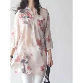 女性用軽量ボホフローラルリネンブレンドシャツ - 鮮やかなピンク＆グレーの花柄プリント、7分袖、スタンドカラー、中丈に前ポケットディテール付き、春夏のカジュアルウェアに最適、春のファッショントップ｜ボホシックシャツ｜リネンブレンド生地