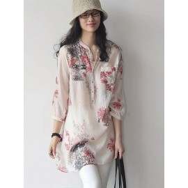女性用軽量ボホフローラルリネンブレンドシャツ - 鮮やかなピンク＆グレーの花柄プリント、7分袖、スタンドカラー、中丈に前ポケットディテール付き、春夏のカジュアルウェアに最適、春のファッショントップ｜ボホシックシャツ｜リネンブレンド生地