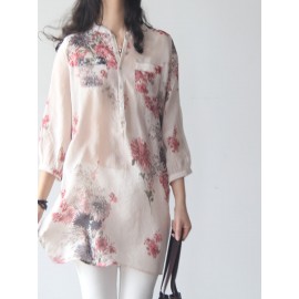 女性用軽量ボホフローラルリネンブレンドシャツ - 鮮やかなピンク＆グレーの花柄プリント、7分袖、スタンドカラー、中丈に前ポケットディテール付き、春夏のカジュアルウェアに最適、春のファッショントップ｜ボホシックシャツ｜リネンブレンド生地