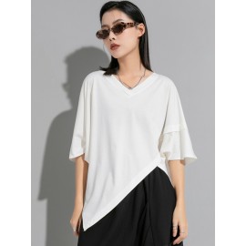 女性用シックなホワイトアシンメトリーヘム半袖トップス - ユニークなスプリットデザインの夏ファッションステートメントブラウス、洗濯機可、オールシーズンカジュアルスタイル、アオルセイゾンブラウス | シックモダンブラウス | 洗濯機対応