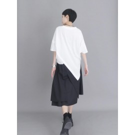 女性用シックなホワイトアシンメトリーヘム半袖トップス - ユニークなスプリットデザインの夏ファッションステートメントブラウス、洗濯機可、オールシーズンカジュアルスタイル、アオルセイゾンブラウス | シックモダンブラウス | 洗濯機対応