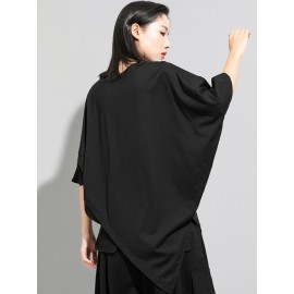 女性用シックなホワイトアシンメトリーヘム半袖トップス - ユニークなスプリットデザインの夏ファッションステートメントブラウス、洗濯機可、オールシーズンカジュアルスタイル、アオルセイゾンブラウス | シックモダンブラウス | 洗濯機対応