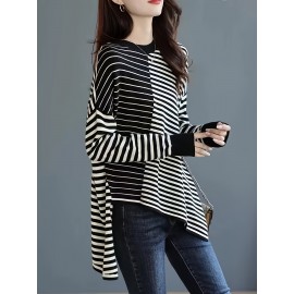 女性用アシンメトリーストライプ長袖チュニックトップ、ポリエステル素材、ゆったり