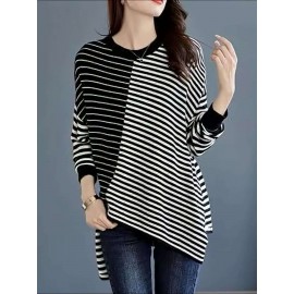 女性用アシンメトリーストライプ長袖チュニックトップ、ポリエステル素材、ゆったり
