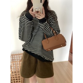 ボーダー レーナー　スウェット　ビッグロンT/長袖Tシャツ　万能ボーダーカットソー Tシャツ　トトップス ストレッチ　ドロップショルダー　韓国ファッション
