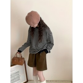 ボーダー レーナー　スウェット　ビッグロンT/長袖Tシャツ　万能ボーダーカットソー Tシャツ　トトップス ストレッチ　ドロップショルダー　韓国ファッション