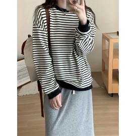 ボーダー レーナー　スウェット　ビッグロンT/長袖Tシャツ　万能ボーダーカットソー Tシャツ　トトップス ストレッチ　ドロップショルダー　韓国ファッション