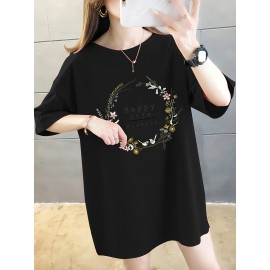 イディユアンワン レディース プラスサイズ オーバーサイズ 100％Tシャツ - アニメフローラルグラフィックプリント、ドロップショルダー リラックスフィット、軽量通気性サマーカジュアルトップ、洗濯機可