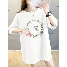 イディユアンワン レディース プラスサイズ オーバーサイズ 100％Tシャツ - アニメフローラルグラフィックプリント、ドロップショルダー リラックスフィット、軽量通気性サマーカジュアルトップ、洗濯機可