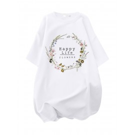 イディユアンワン レディース プラスサイズ オーバーサイズ 100％Tシャツ - アニメフローラルグラフィックプリント、ドロップショルダー リラックスフィット、軽量通気性サマーカジュアルトップ、洗濯機可