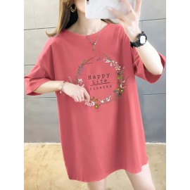 イディユアンワン レディース プラスサイズ オーバーサイズ 100％Tシャツ - アニメフローラルグラフィックプリント、ドロップショルダー リラックスフィット、軽量通気性サマーカジュアルトップ、洗濯機可