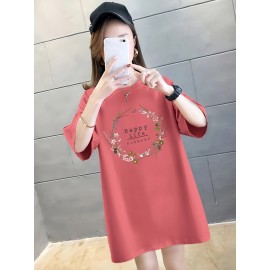 イディユアンワン レディース プラスサイズ オーバーサイズ 100％Tシャツ - アニメフローラルグラフィックプリント、ドロップショルダー リラックスフィット、軽量通気性サマーカジュアルトップ、洗濯機可