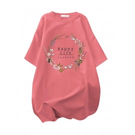 イディユアンワン レディース プラスサイズ オーバーサイズ 100％Tシャツ - アニメフローラルグラフィックプリント、ドロップショルダー リラックスフィット、軽量通気性サマーカジュアルトップ、洗濯機可