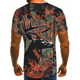 メンズ 軽量ポリエステル製 3D 鹿迷彩プリントTシャツ - 半袖 ラウンドネック カジュアルティー、ダイナミックカラートランジション付き、洗濯機可 アウトドア＆カジュアルウェア