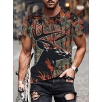 メンズ 軽量ポリエステル製 3D 鹿迷彩プリントTシャツ - 半袖 ラウンドネック カジュアルティー、ダイナミックカラートランジション付き、洗濯機可 アウトドア＆カジュアルウェア