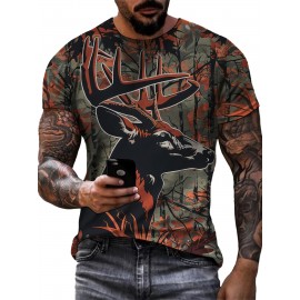 メンズ 軽量ポリエステル製 3D 鹿迷彩プリントTシャツ - 半袖 ラウンドネック カジュアルティー、ダイナミックカラートランジション付き、洗濯機可 アウトドア＆カジュアルウェア
