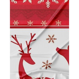 1枚の男性用クリスマス柄ノベルティTシャツ、トナカイと雪の結晶プリント、ポリエステルニット生地、丸首、レギュラーフィット、スポーティスタイル