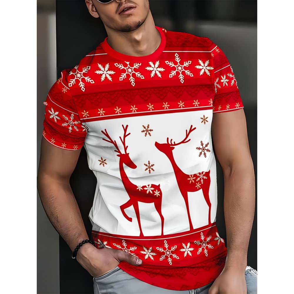 1枚の男性用クリスマス柄ノベルティTシャツ、トナカイと雪の結晶プリント、ポリエステルニット生地、丸首、レギュラーフィット、スポーティスタイル 1枚の男性用クリスマス柄ノベルティTシャツ、トナカイと雪の結晶プリント、ポリエステルニット生地、丸首、レギュラーフィット、スポーティスタイル