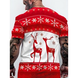 1枚の男性用クリスマス柄ノベルティTシャツ、トナカイと雪の結晶プリント、ポリエステルニット生地、丸首、レギュラーフィット、スポーティスタイル
