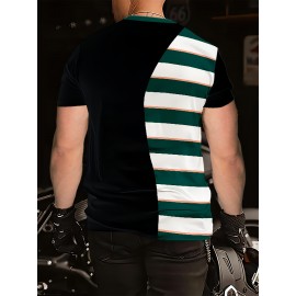 ストライプ柄のメンズクルーネックTシャツ | ポリエステル100%カジュアルTシャツ | わずかに伸縮性のあるニット生地 | ユニークな3Dレターデザインのレギュラーフィット半袖トップス | トレンディなストリートウェアファッション
