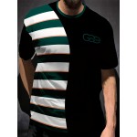 ストライプ柄のメンズクルーネックTシャツ | ポリエステル100%カジュアルTシャツ | わずかに伸縮性のあるニット生地 | ユニークな3Dレターデザインのレギュラーフィット半袖トップス | トレンディなストリートウェアファッション