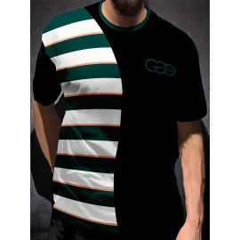 ストライプ柄のメンズクルーネックTシャツ | ポリエステル100%カジュアルTシャツ | わずかに伸縮性のあるニット生地 | ユニークな3Dレターデザインのレギュラーフィット半袖トップス | トレンディなストリートウェアファッション
