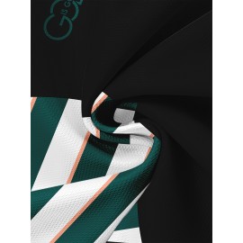 ストライプ柄のメンズクルーネックTシャツ | ポリエステル100%カジュアルTシャツ | わずかに伸縮性のあるニット生地 | ユニークな3Dレターデザインのレギュラーフィット半袖トップス | トレンディなストリートウェアファッション