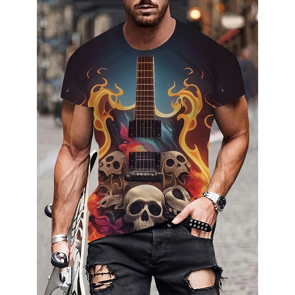 メンズ ノベルティ 3D ギターとスカルプリント Tシャツ、カジュアル クルーネック 半袖ティー、ポリエステル100% ニット生地、レギュラーフィット サマートップ、ミュージックTシャツ