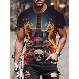 メンズ ノベルティ 3D ギターとスカルプリント Tシャツ、カジュアル クルーネック 半袖ティー、ポリエステル100% ニット生地、レギュラーフィット サマートップ、ミュージックTシャツ