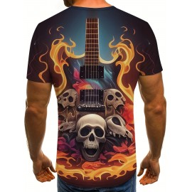 メンズ ノベルティ 3D ギターとスカルプリント Tシャツ、カジュアル クルーネック 半袖ティー、ポリエステル100% ニット生地、レギュラーフィット サマートップ、ミュージックTシャツ