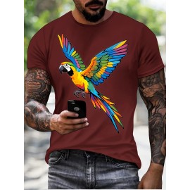 メンズ バイブラント パロット プリント Tシャツ - カジュアル サマー ヒップホップ ストリートウェア、クルーネック、半袖、ポリエステル生地 | 大胆なグラフィックデザイン | カジュアル服装に快適なフィット感
