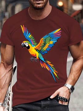 メンズ バイブラント パロット プリント Tシャツ - カジュアル サマー ヒップホップ ストリートウェア、クルーネック、半袖、ポリエステル生地 | 大胆なグラフィックデザイン | カジュアル服装に快適なフィット感