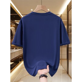 シンプルでありながら、シンプルではない！100％ポリエステル繊維 メンズカジュアルラウンドネックTシャツ、レギュラースタイル、精巧な幾何学模様、やや伸縮性あり、品質を際立たせる