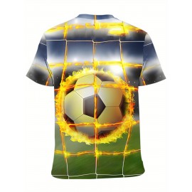 メンズサッカーボールグラフィックTシャツ - カジュアルクルーネック、3Dデジタルプリント、通気性ポリエステル、洗濯機可、半袖、レギュラーフィット - 夏とアウトドア活動に最適