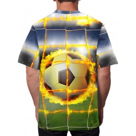 メンズサッカーボールグラフィックTシャツ - カジュアルクルーネック、3Dデジタルプリント、通気性ポリエステル、洗濯機可、半袖、レギュラーフィット - 夏とアウトドア活動に最適