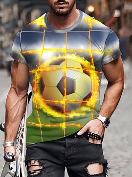 メンズサッカーボールグラフィックTシャツ - カジュアルクルーネック、3Dデジタルプリント、通気性ポリエステル、洗濯機可、半袖、レギュラーフィット - 夏とアウトドア活動に最適
