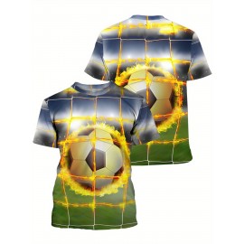メンズサッカーボールグラフィックTシャツ - カジュアルクルーネック、3Dデジタルプリント、通気性ポリエステル、洗濯機可、半袖、レギュラーフィット - 夏とアウトドア活動に最適
