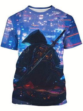 メンズ 3Dプリント サッドバックパック ボーイ グラフィック、ラウンドネック 半袖 夏 Tシャツ、カジュアル ニット生地、レギュラーフィット、ポリエステル、伸縮性、プリントデザイン、メンズファッショントップ