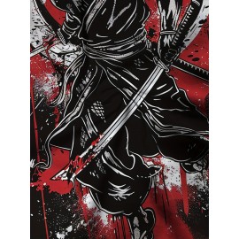 メンズ 3D サムライプリント Tシャツ、カジュアル クルーネック 半袖ティー、100% ポリエステルニットファブリック、軽いストレッチ、レギュラーフィット、夏トップ - 150gsm